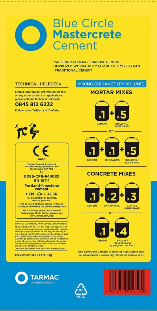 Blue Circle Mastercrete Cement (rear of bag)
