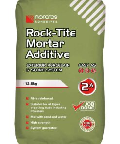 Norcros Rock-Tite Mortar Additive is a fibre reinforced cement mortar additive which has been specifically designed, so that when mixed with sharp sand, it will provide a high strength mortar for bonding concrete, natural stone and porcelain paving slabs to both hardcore and solid bases. The mortar requires the addition of sand and water and contains the specially designed Rock-Tite additives to improve performance, workability and freeze/thaw resistance of the finished mortar mix.