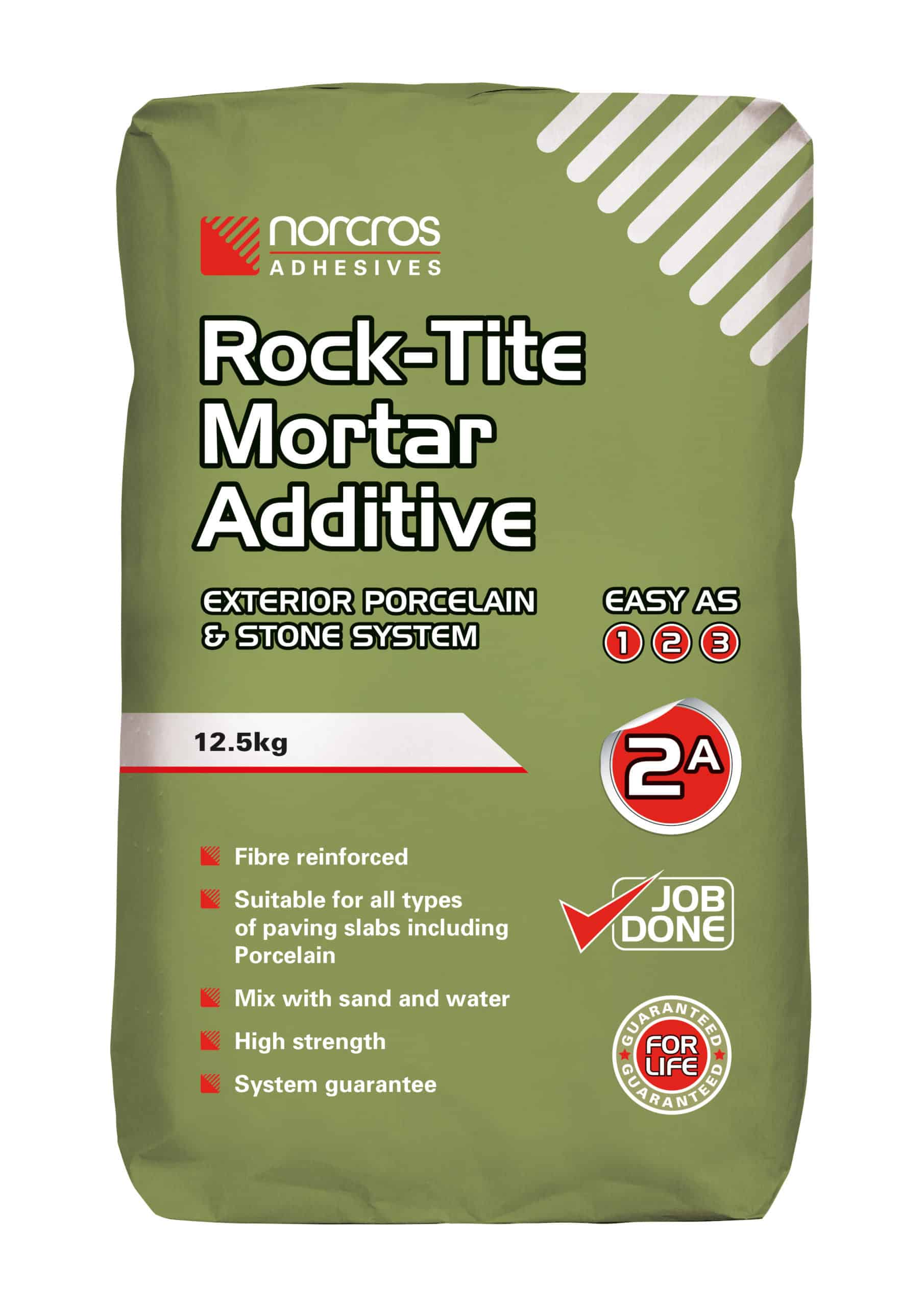 Norcros Rock-Tite Mortar Additive is a fibre reinforced cement mortar additive which has been specifically designed, so that when mixed with sharp sand, it will provide a high strength mortar for bonding concrete, natural stone and porcelain paving slabs to both hardcore and solid bases. The mortar requires the addition of sand and water and contains the specially designed Rock-Tite additives to improve performance, workability and freeze/thaw resistance of the finished mortar mix.